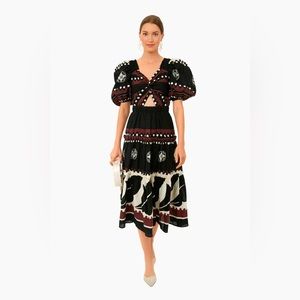 Sea New York Liora Midi Dress 8 Linen Blend Cut-Out Black Puff Sleeve